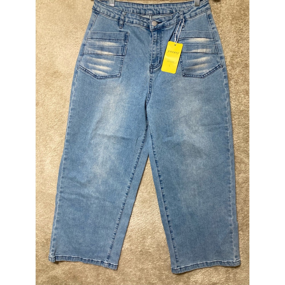 Yoeasy Wide Leg Jeans Women Size L Light Wash Blue High Waisted Cropped Denim